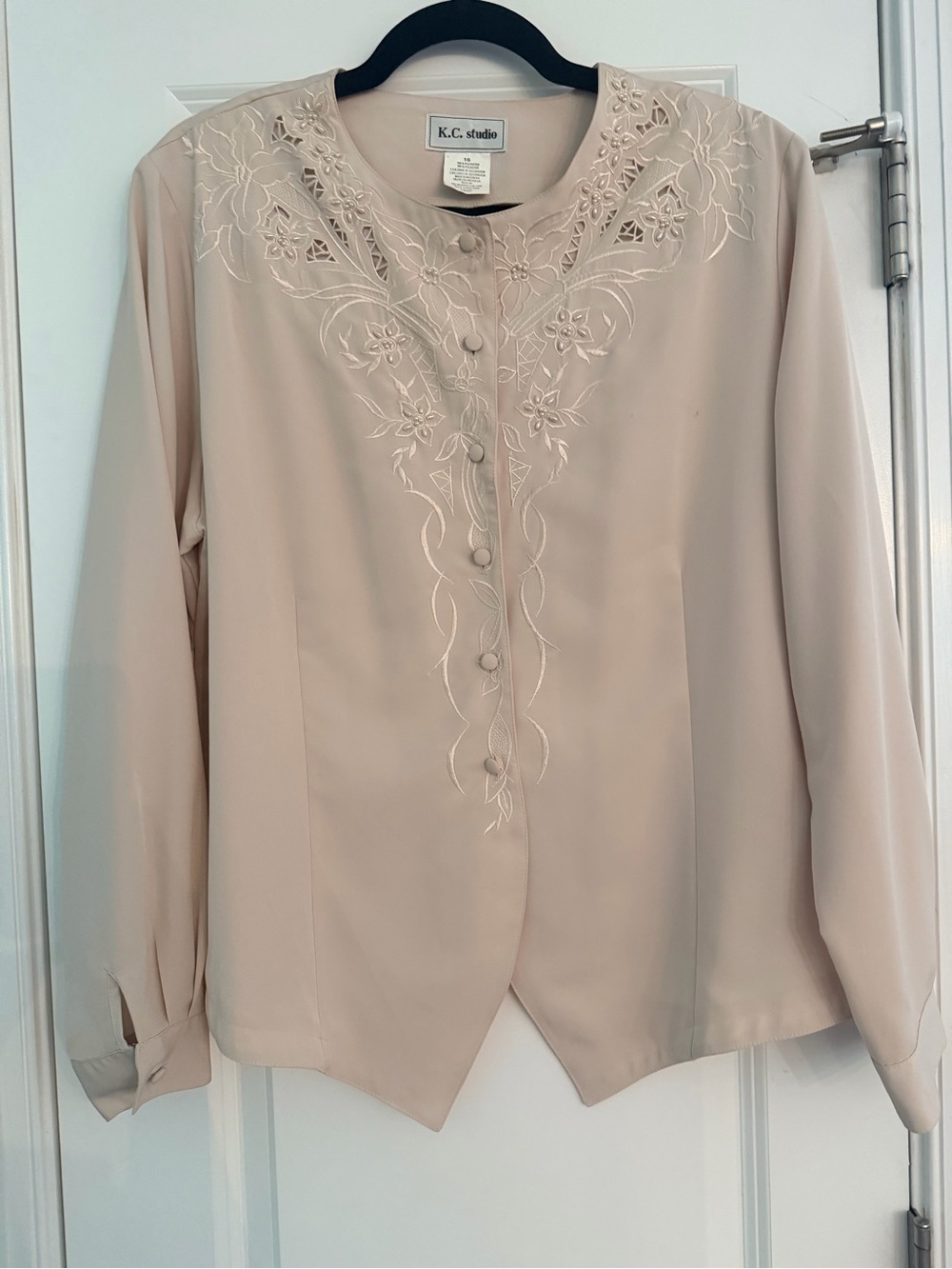 Embroidered Button-Front Blouse in Light Taupe